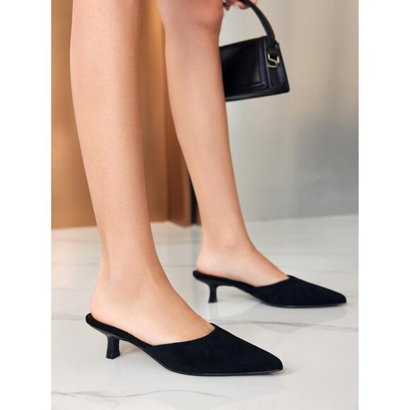 🆕Women's Black Kitten Low Heel Mules Closed Pointed Toe Pumps Slip-On Backless - Picture 3 of 6